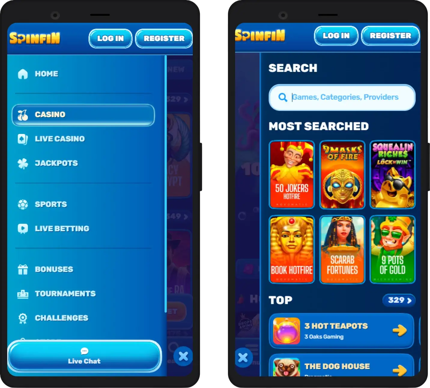 SpinFin Casino mobile app interface on a smartphone screen